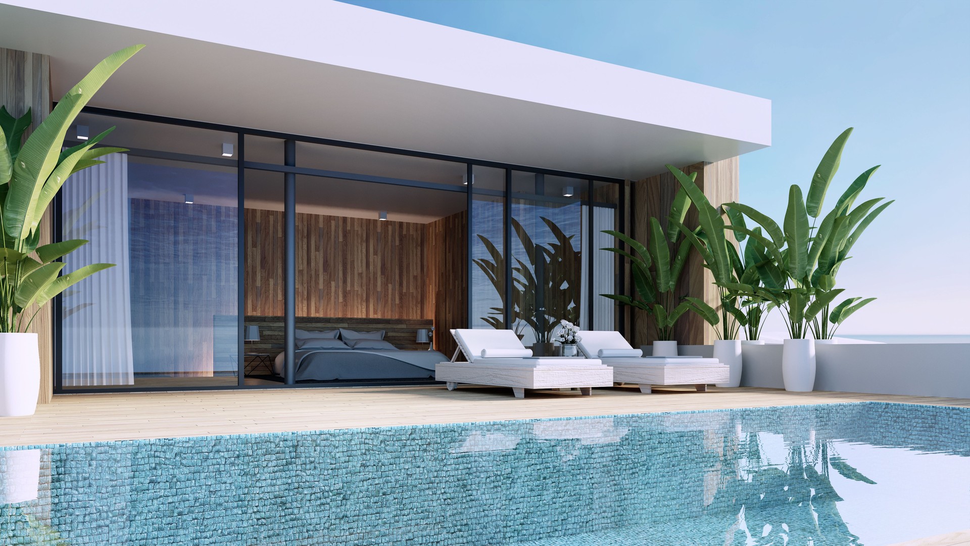 Luxury pool villa bedroom sea view on beach - 3D rendering